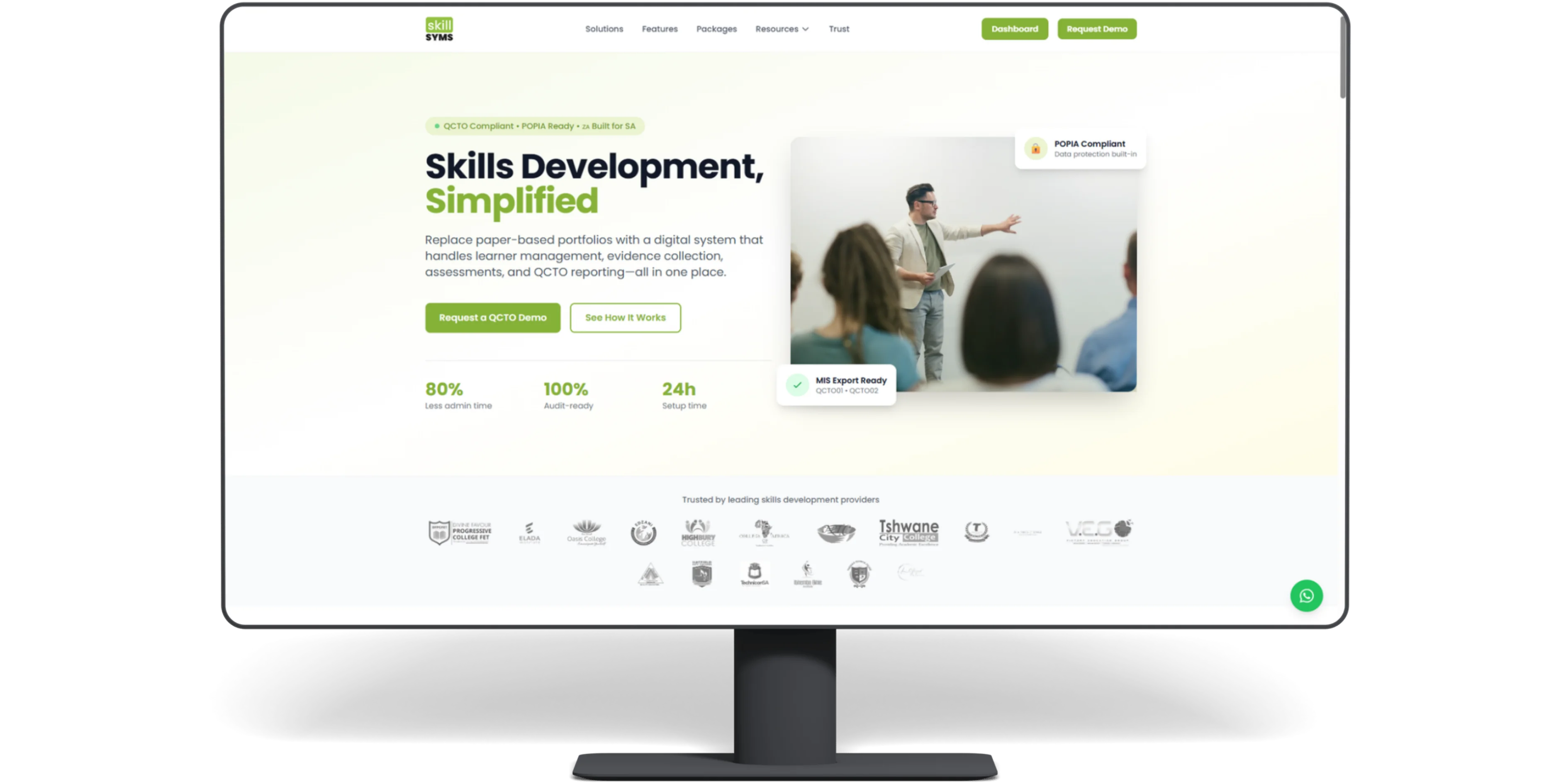 skillSYMS marketing banners showcasing QCTO compliance, learnership management, and skills development features